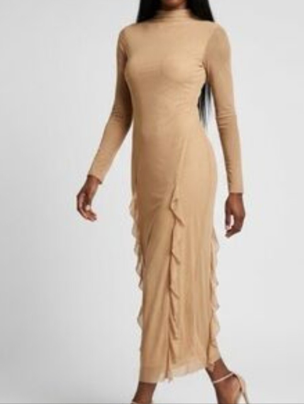 Zara Nude Tan Ruffle Mock Neck Maxi Dress Size Medium